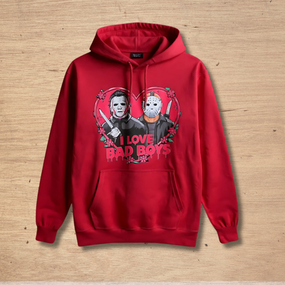 Red hoodie with graphic design of two characters in a heart shape and 'I Love Bad Boys' text on a black background.