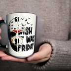Mug with a hockey mask design and text 'I wish it was Friday' on a woods background.