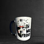 Mug with a Jason Voorhees hockey mask design and text 'I wish it was Friday' on a textured background.