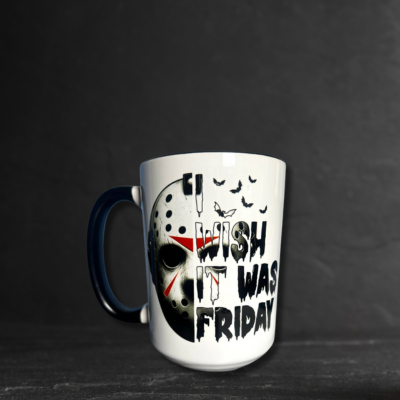 Mug with a Jason Voorhees hockey mask design and text 'I wish it was Friday' on a textured background.