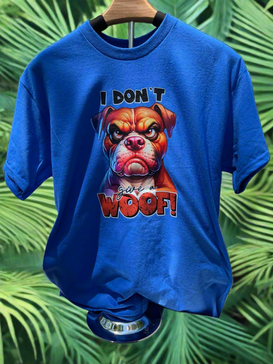 Blue graphic tee with a dog face on it and the saying "I Don't Give a Woof"