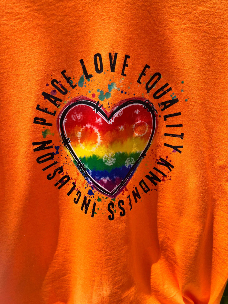 Close up of graphic of Pride t-shirt for parades, festivals or everyday wear.