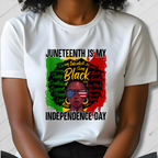 Person wearing a white t-shirt with Juneteenth design