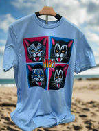 Light Blue tshirt with cats representing the rock band Kiss