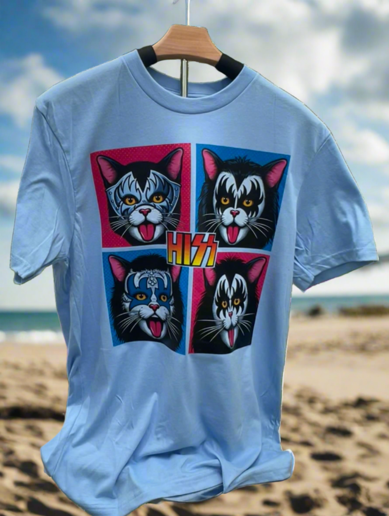 Light Blue tshirt with cats representing the rock band Kiss