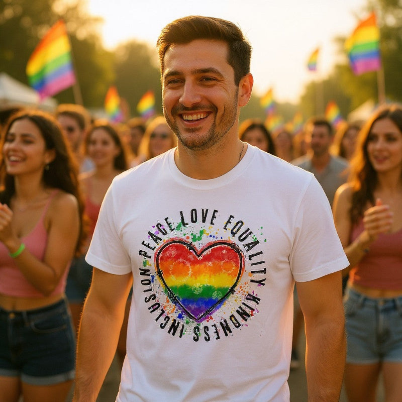 Man wearing a white t-shirt with a rainbow heart design and text at a pride parade.