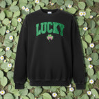 Black sweatshirt with 'LUCKY' and a shamrock design on a green leafy background.