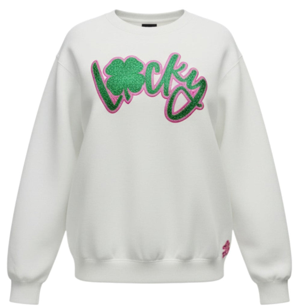 White sweatshirt with 'Lucky' in green and pink on a white background