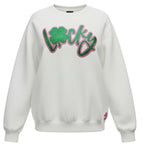 White sweatshirt with 'Lucky' in green and pink on a white background