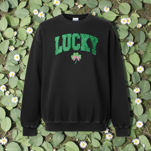 Lucky Varsity Appliqué Crewneck – Black Statement Sweatshirt with Clover Bow