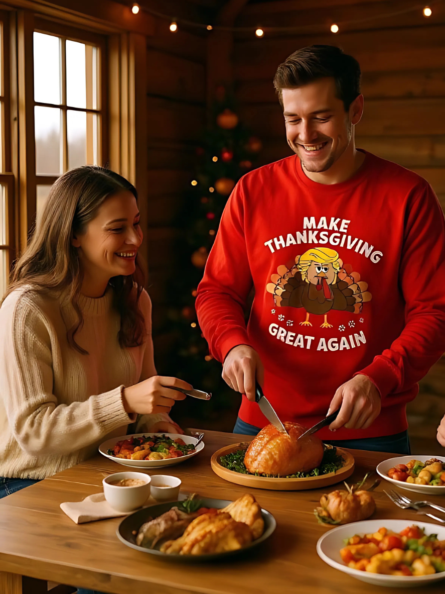 Three people at a Thanksgiving dinner table with a person in a red sweater cutting a turkey.