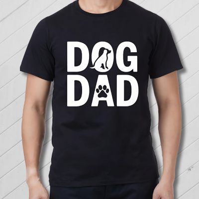 Black t-shirt with 'DOG DAD' text and dog icon on a white background
