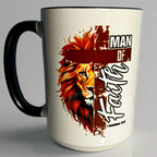Mug with a lion design and 'Man of Faith' text held by hands against a sunset background