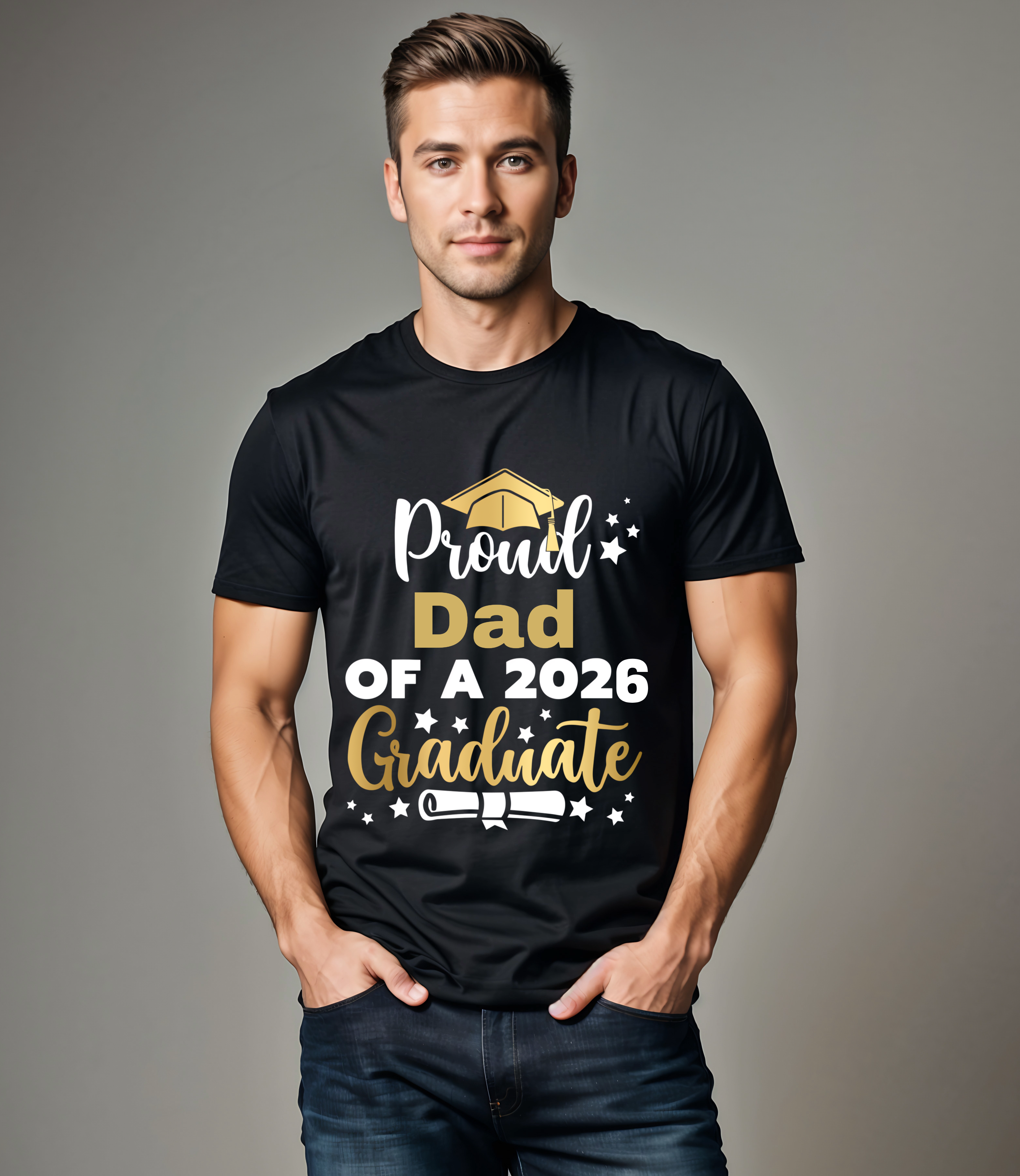 Man wearing black t-shirt with a graphic that says 'Proud Dad of a 2026 Graduate' with a graduation cap and diploma illustration.