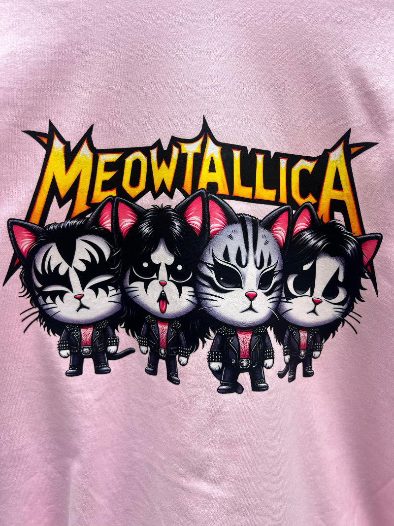 Close-up of Meowtallica cat parody graphic featuring cats with band makeup.