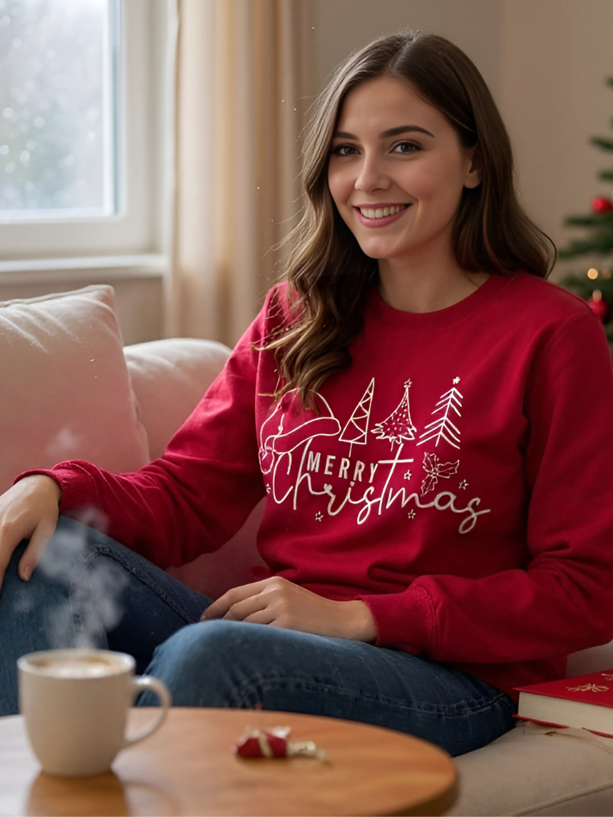 Woman wearing a red 'Merry Christmas' sweatshirt sitting on a couch with a steaming cup of coffee and a decorated Christmas tree in the background.
