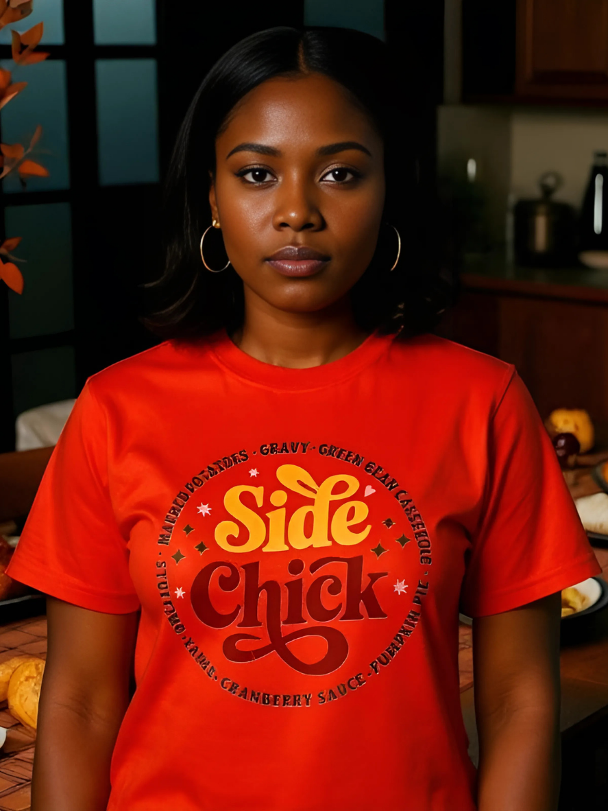 Model wearing orange Side Chick Thanksgiving T-shirt in holiday kitchen with side dishes on the table 