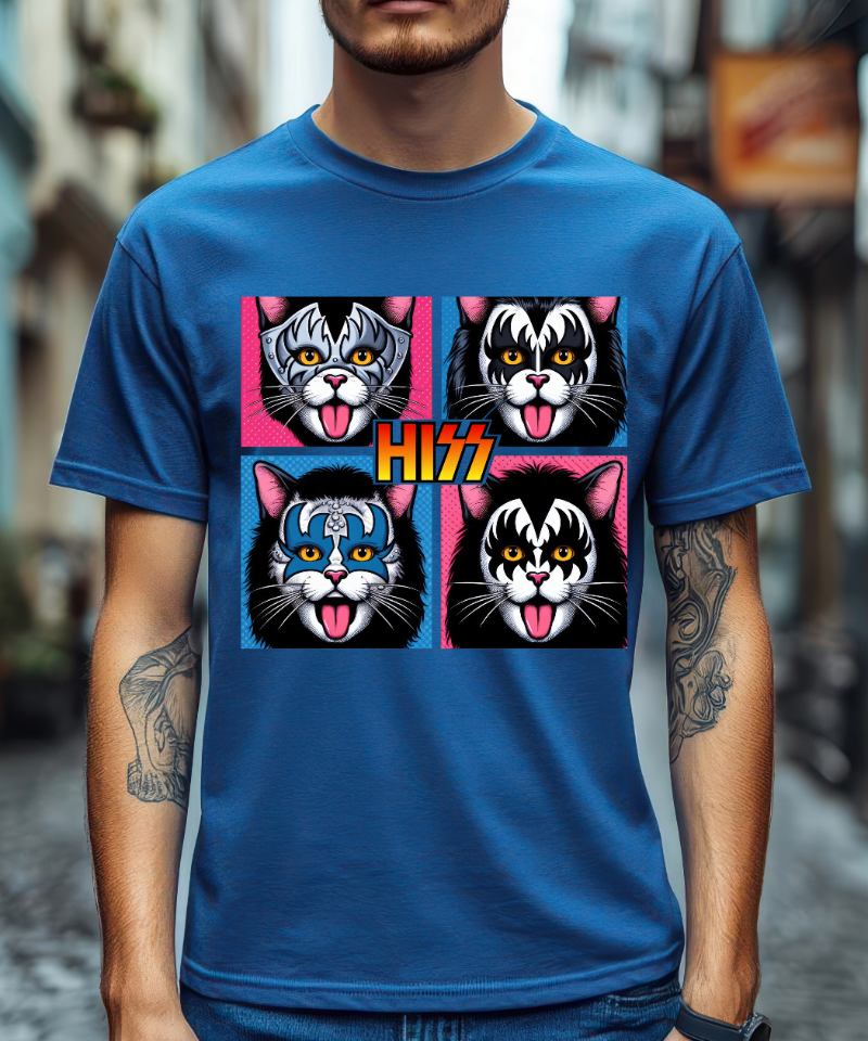 Model wearing a Royal Blue t-shirt with cats that mimic the 70s rock band Kiss