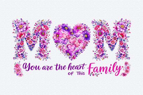 A ceramic mug with a floral design spelling out 'Mom' and the message 'You are the heart of the family'.