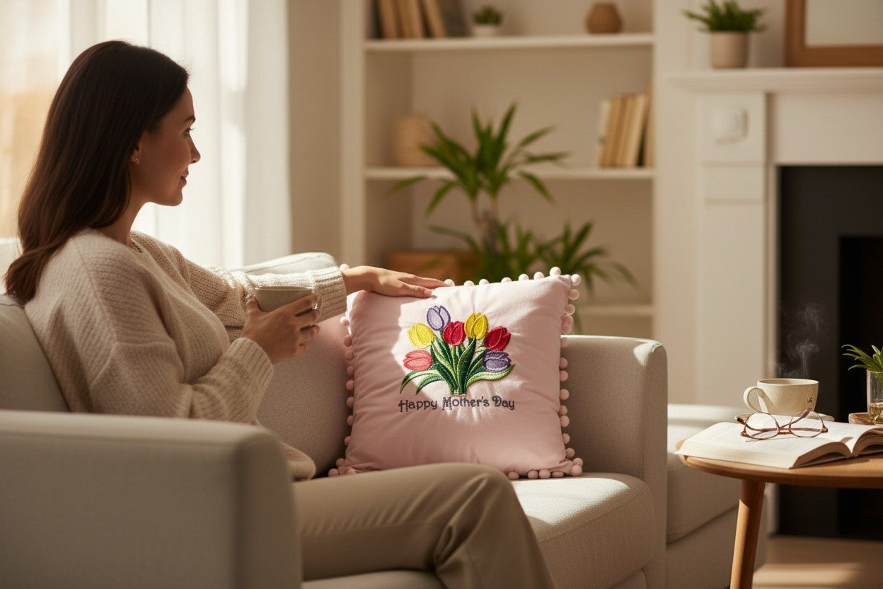 Woman sitting on a couch holding a cup, with a decorative pillow featuring flowers and 'Happy Mother's Day' text in a cozy living room.