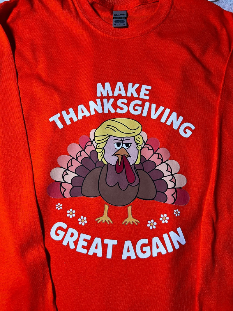 Funny holiday shirt featuring a parody turkey graphic with bold white lettering.