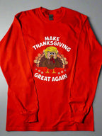 orange long sleeve tee with humorous Thanksgiving turkey and slogan.