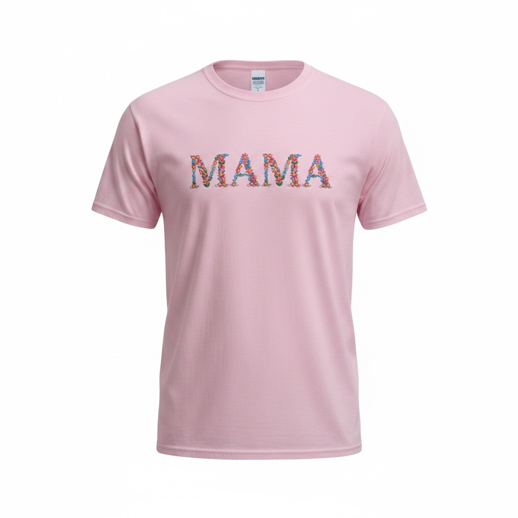 Pink t-shirt with 'MAMA' printed on it against a white background