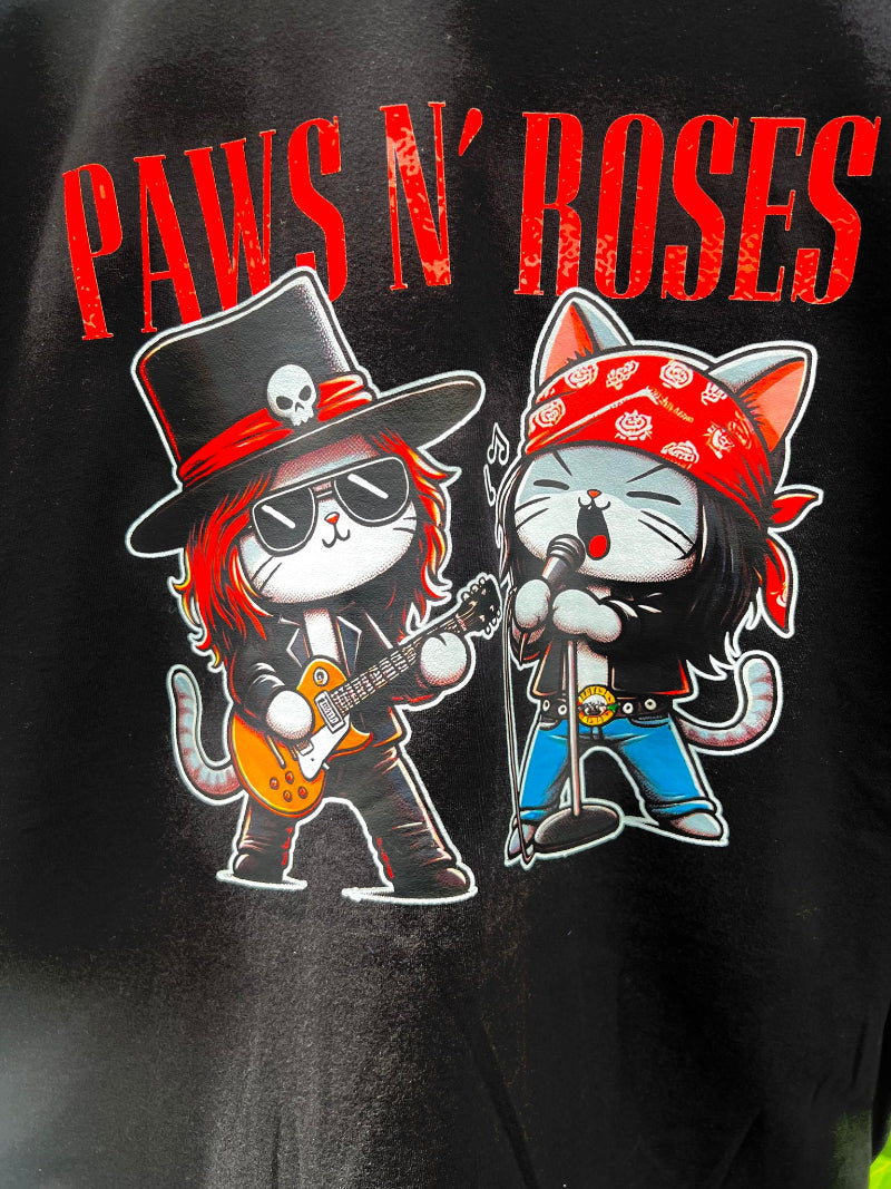 Close-up of cat musicians with guitars and bandanas on Paws N’ Roses tee.