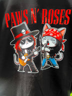 Close-up of cat musicians with guitars and bandanas on Paws N’ Roses tee.