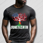 Person wearing a black t-shirt with a colorful tree design and 'JUNETEENTH' text on a gray background