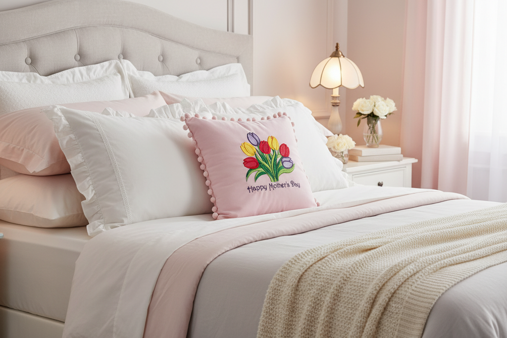 Light Pink Decorative Throw Pillow with Tulips and the words Happy Mother's Day on  bed.