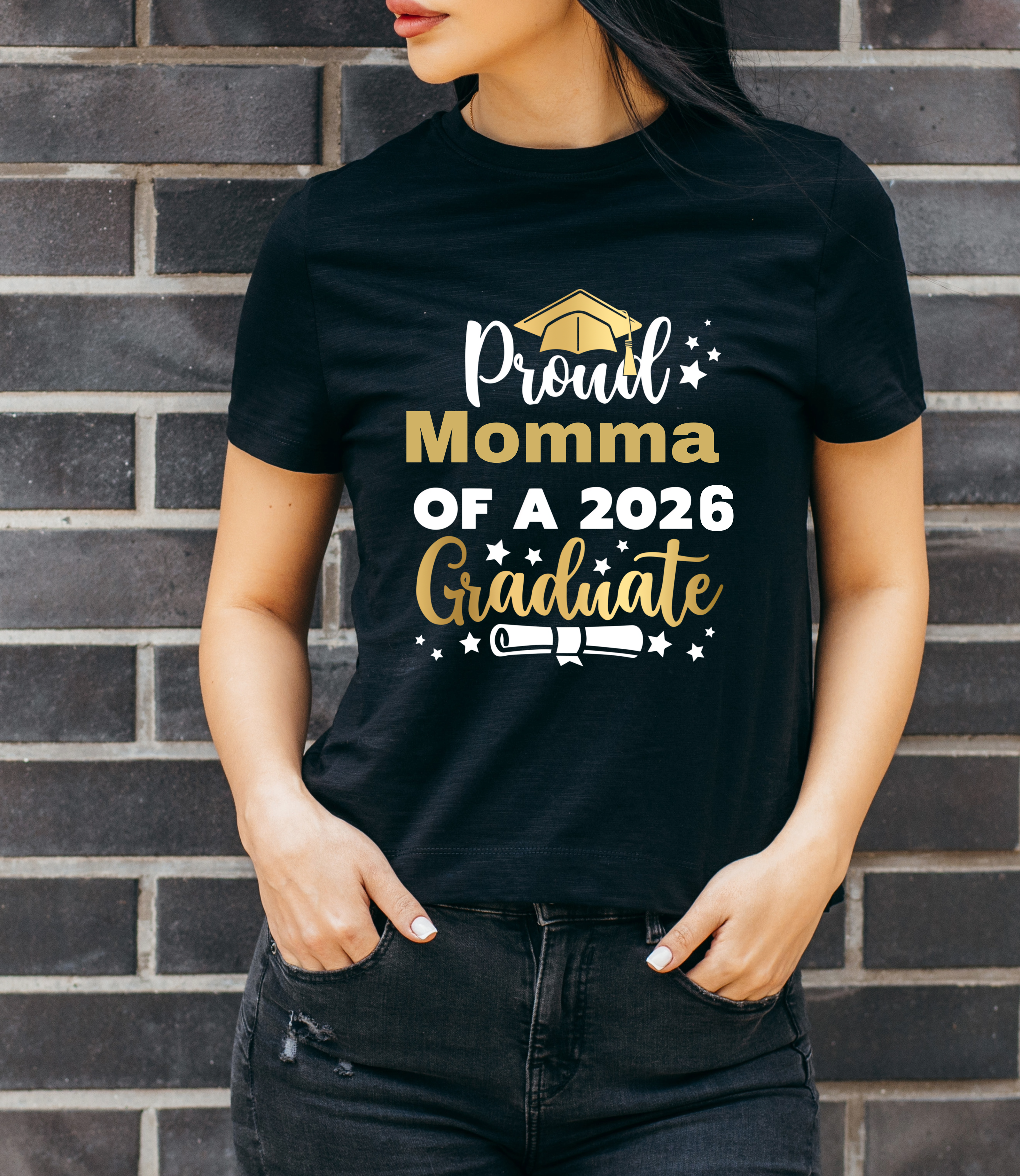 Black t-shirt with 'Proud Momma of a 2026 Graduate' text on model