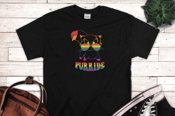 Black Cat Purride embroidered pride shirt LGBTQ+ support tee with white background with sneakers a bag and a flower.