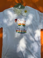 Fun embroidered pride month shirt with cat rainbow sunglasses