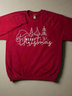 A red sweatshirt with 'Merry Christmas' text and a graphic of a Santa hat and Christmas trees on it.