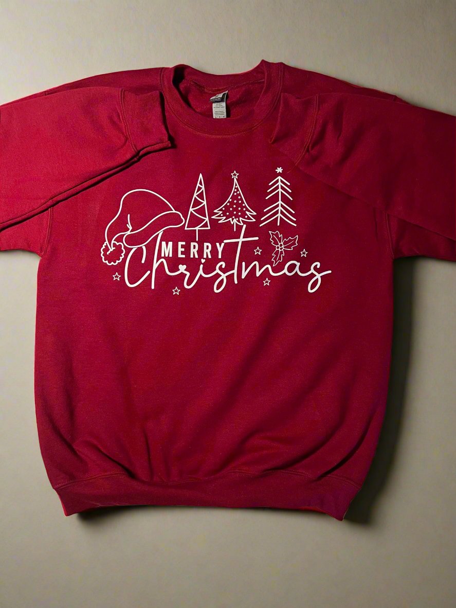 A red sweatshirt with 'Merry Christmas' text and a graphic of a Santa hat and Christmas trees on it.