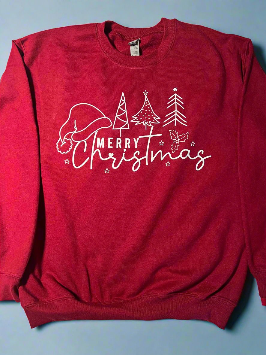 A red sweatshirt with 'Merry Christmas' text and a graphic of a Santa hat and Christmas trees on it.