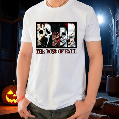 A red short-sleeved t-shirt with a graphic print featuring various horror movie characters in black masks and costumes, with the text 'Halloween Collection: The Boys of Fall'.