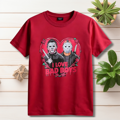Red sweatshirt with graphic design of two characters and 'I Love Bad Boys' text on a plain background