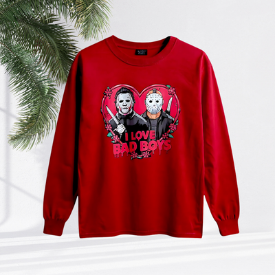 Red sweatshirt with graphic design of two characters and 'I Love Bad Boys' text on a plain background