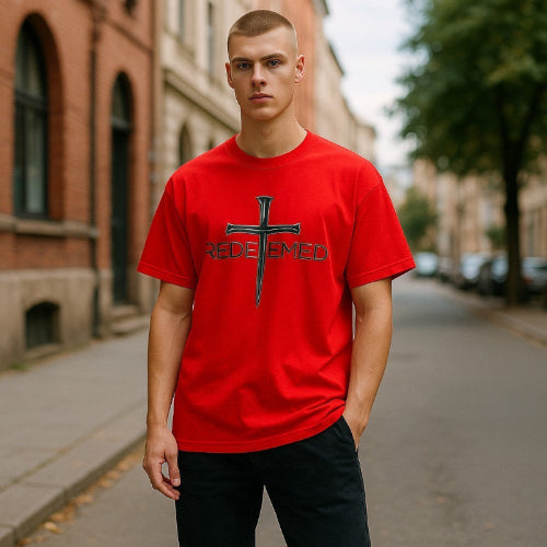 Man wearing a red t-shirt with 'REDEEMED' printed on it, standing on a street.