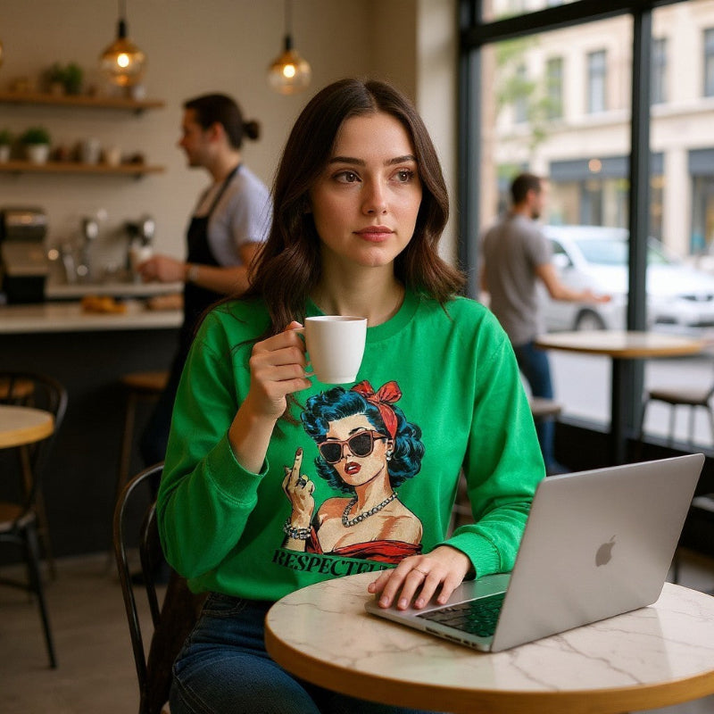 Woman sitting in a cafe with a green shirt that has a pretty woman saying respectfully 