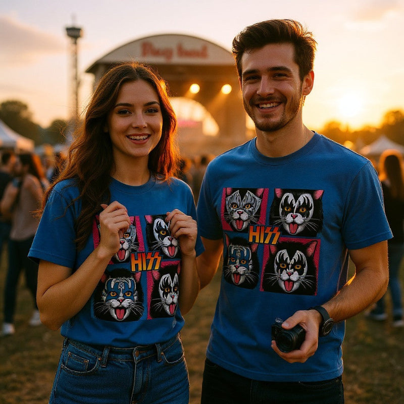 Couple wearing Royal blue tee-shirt with cats that mimic the rock band Kiss
