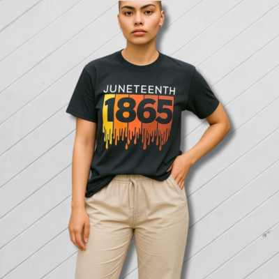 Person wearing a black t-shirt with 'Juneteenth 1865' design outdoors.