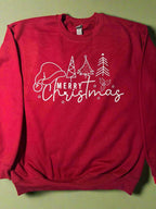 Red Sweatshirt with Merry Christmas and Santa hat in white text 
