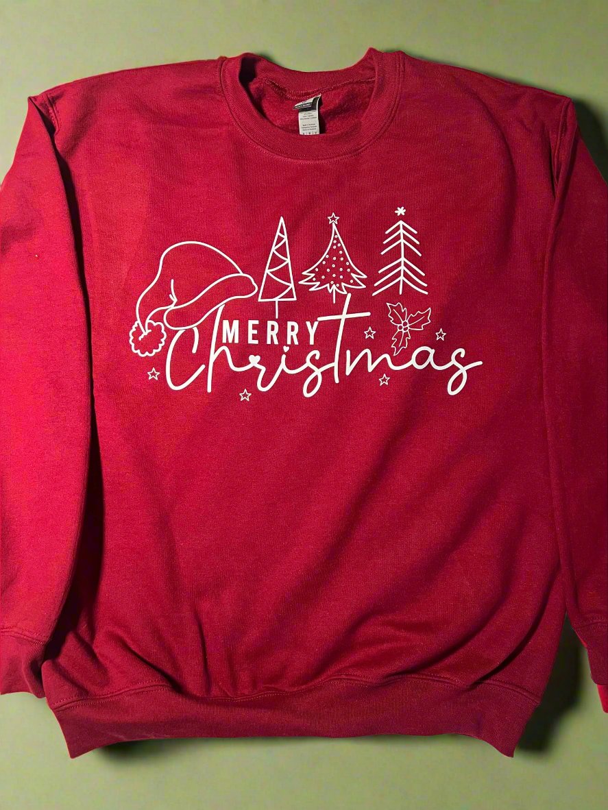 Red Sweatshirt with Merry Christmas and Santa hat in white text 