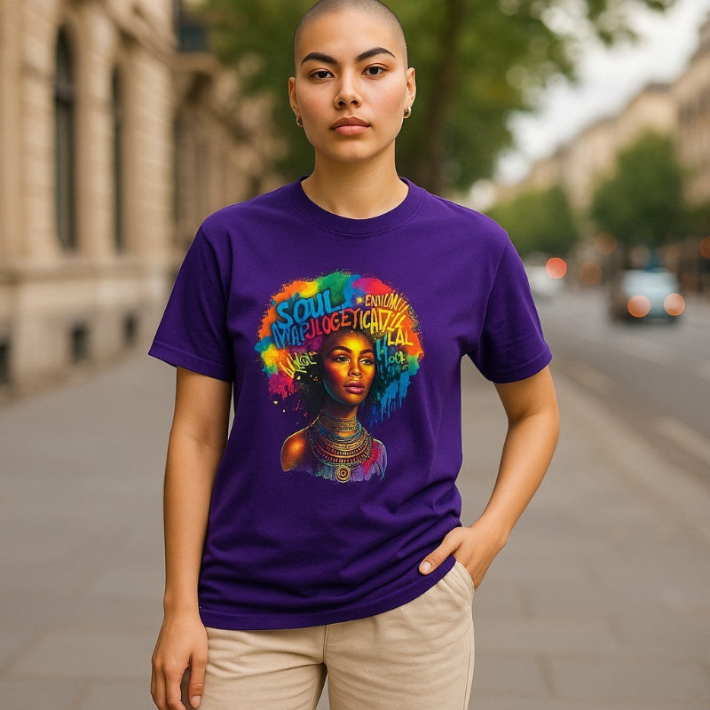 Person wearing a purple t-shirt with a colorful graphic design on a street.