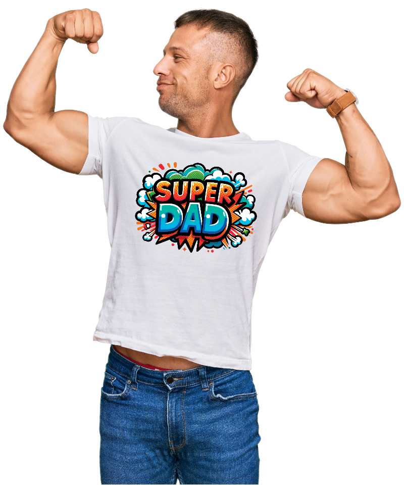 Man wearing a white t-shirt with 'Super Dad' design, flexing his muscles on a white background