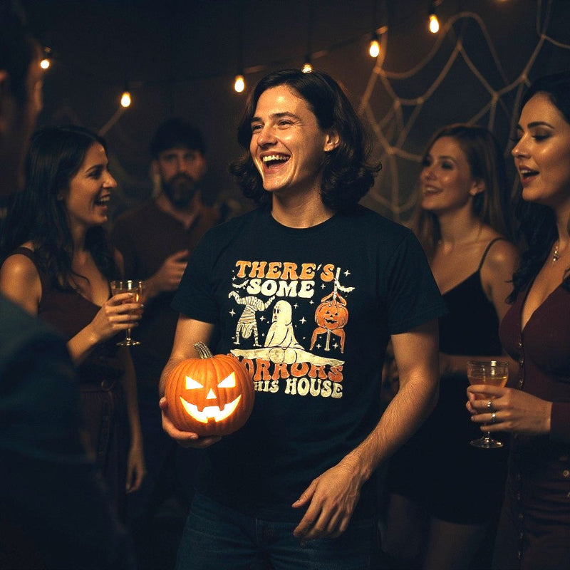Woman holding a carved pumpkin with a Halloween-themed shirt, surrounded by people in a dark setting with string lights.