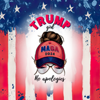 flat digital of a patriotic design featuring the American flag, stars, and a graphic of a woman with a 'MAGA' hat and the text 'Trump Girl - No Apologies'.